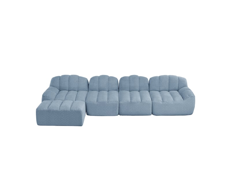 Canapé modulaire 4 places bleu en tissu bouclette avec ottoman, forme coquillage pour votre salon confortable - Conforama A