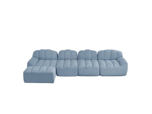 Canapé modulaire 4 places bleu en tissu bouclette avec ottoman, forme coquillage pour votre salon confortable
