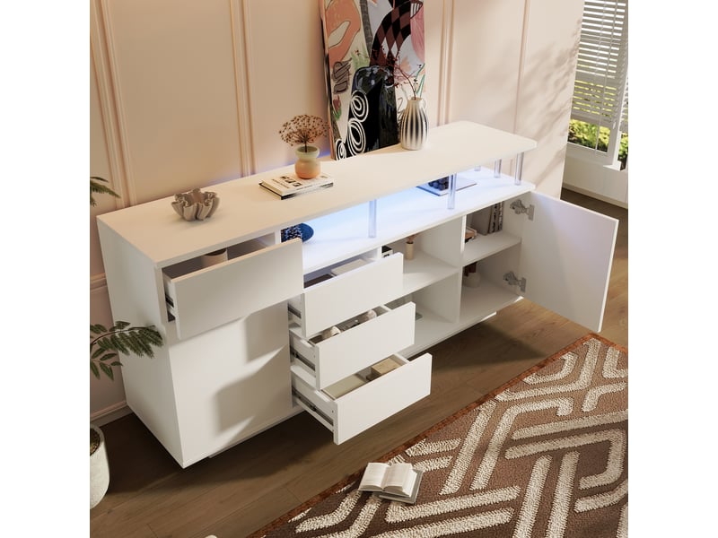 Buffet led 160x40x75 cm, bahut avec 4 tiroirs et 2 portes, meuble de rangement salon avec étagères réglables, mdf et acrylique - blanc - Conforama D
