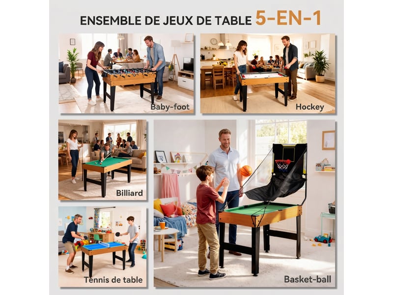  Table multijeux 5 en 1 babyfoot billard air hockey ping-pong et basket accessoires 134x108x144cm marron noyer  - Conforama D