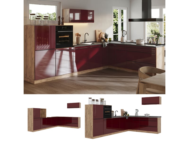  Vicco cuisine en angle, rouge brillantchêne doré, 327 x cm plan de travail chêne doré  - Conforama D
