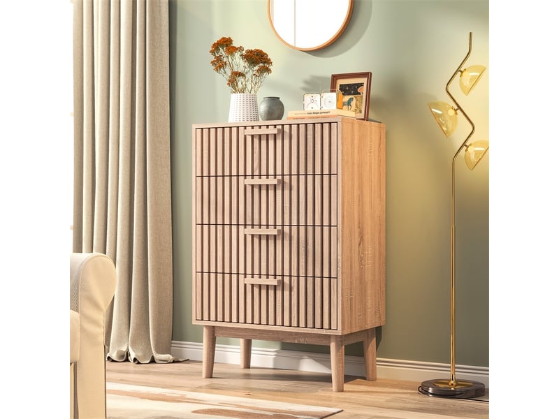 Commode 4 tiroirs 60 x 34 x 91 cm - meuble de rangement en bois avec façade rainurée - bois naturel - Conforama B