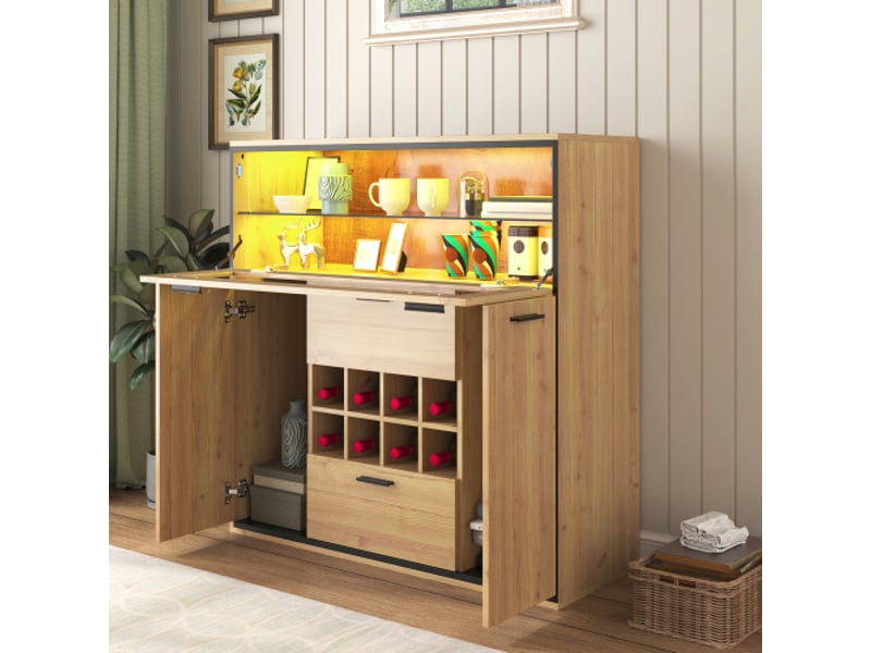  Bar led 2 portes 8 casiers à bouteilles décor chêne et métal noir bar naturel - Conforama D