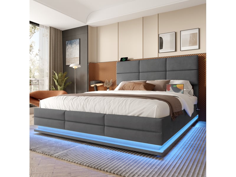  Lit coffre 2 places 180x200 cm, sans matelas, velours gris, led intégré, usb, doté de tête de lit ajustable en hauteur  - Conforama E
