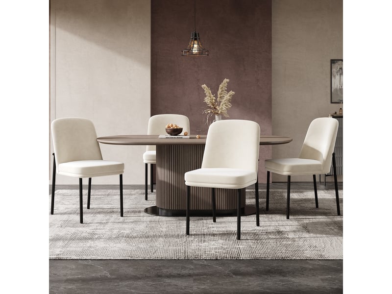  Chaise de salle à manger lot de 4 avec assise épaisse rembourrée et pieds en métal noir, en velours beige  - Conforama B