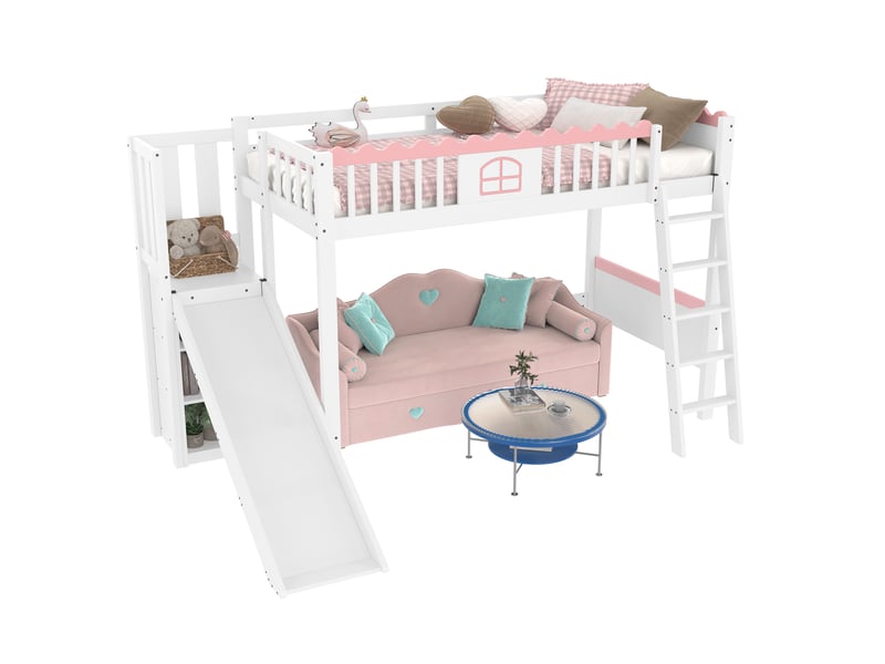  Lit mezzanine 90x200 cm - lit enfant avec toboggan, étagère intégrée et lumière led télécommande, sans matelas - blanc  - Conforama A