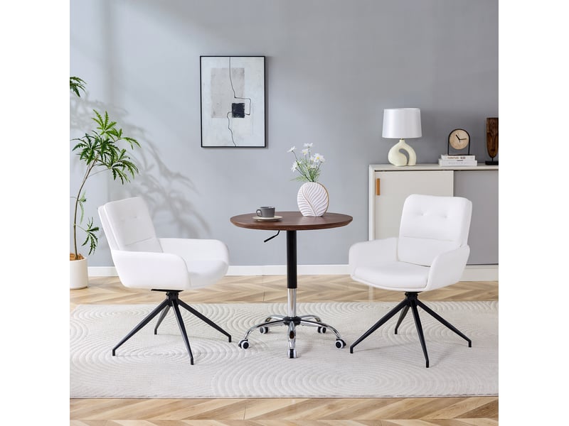 Chaise de salle à manger pivotante lot de 2 avec accoudoirs et dossier capitonné en pu blanc et métal noir  - Conforama D