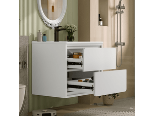 Meuble salle de bain suspendu 60 cm avec vasque céramique, meuble sous vasque blanc laqué, éclairage led capteur