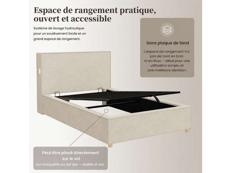 Lit coffre 90 x 200 cm, avec sommier, tête de lit et grand espace de rangement, chenille beige - Conforama E