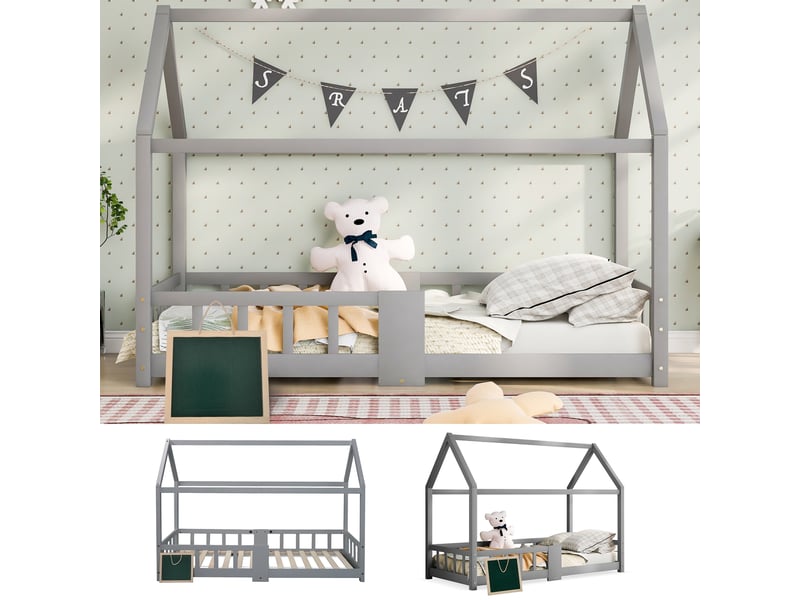  Lit cabane 90 x 200 cm, lit enfant avec barrières, structure en forme de maison, barrières de sécurité, sommier à lattes inclus, bois massif, gris Morn Vibe - Conforama D
