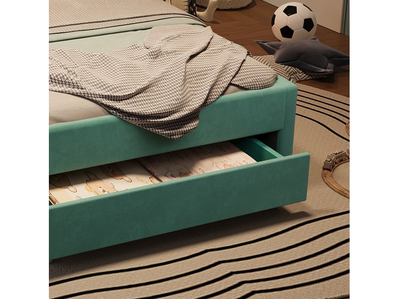  Lit cabane enfant 90x200 cm en velours vert avec toboggan et led, sans matelas  - Conforama E
