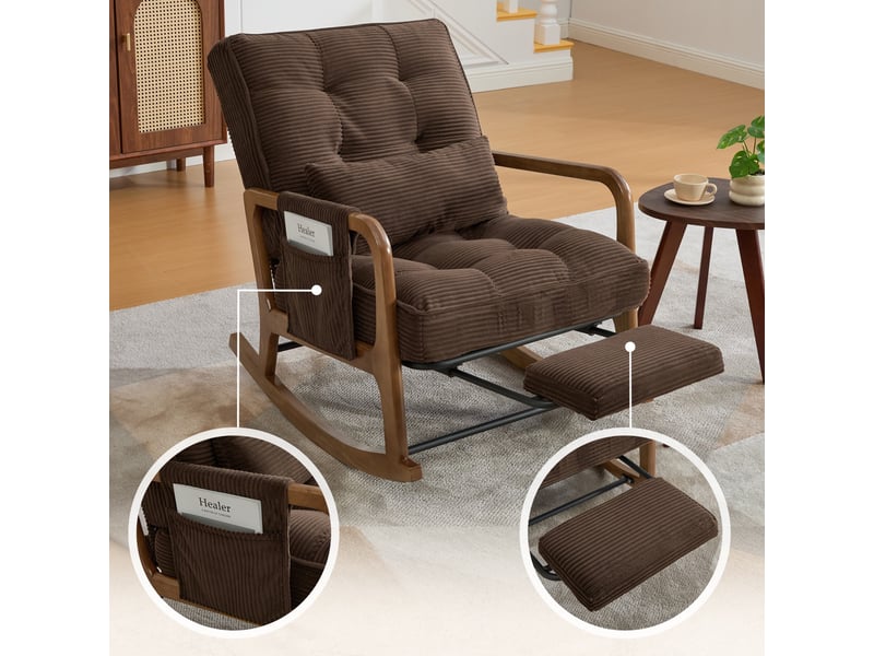  Fauteuil à bascule de salon 70x80x92cm – avec repose-pieds rétractable, dossier inclinable et oreiller lombaire – velours côtelé - marron  - Conforama D