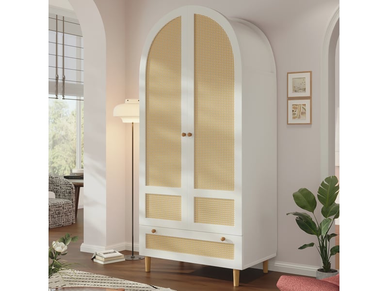  Armoire de chambre 80x50x180 cm avec penderie et tiroir, armoire avec effet rotin, portes arrondies et rangement chambre - blanc  - Conforama B
