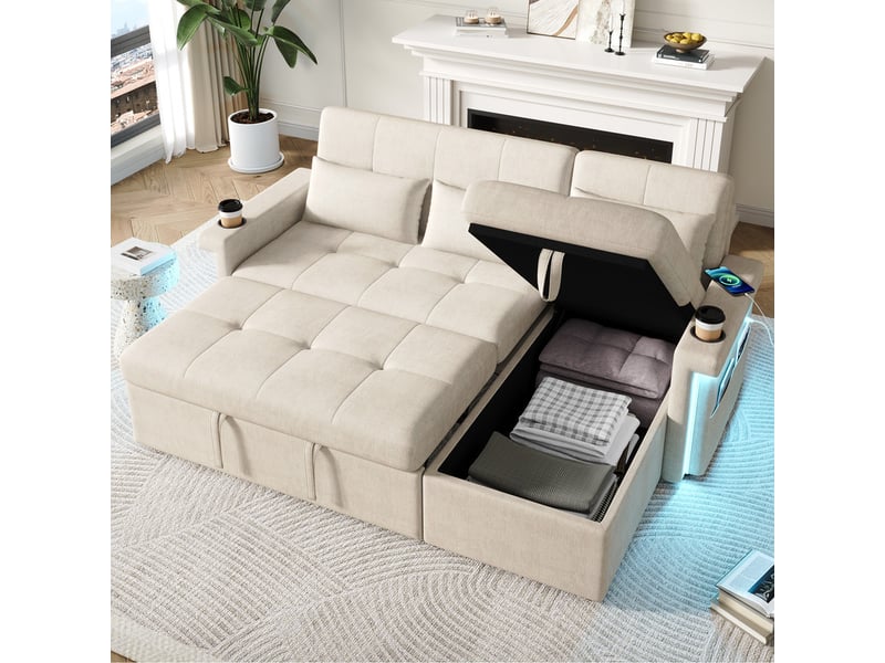  Canapé d'angle convertible ,3 places, avec fonction sommeil, éclairage led et ports usb,209 × 141 ×90cm,beige  - Conforama D