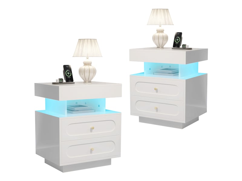  Table de chevet led 2 tiroirs avec compartiment ouvert, finition laquée blanche, l 100p 40h 60 cm  - Conforama B
