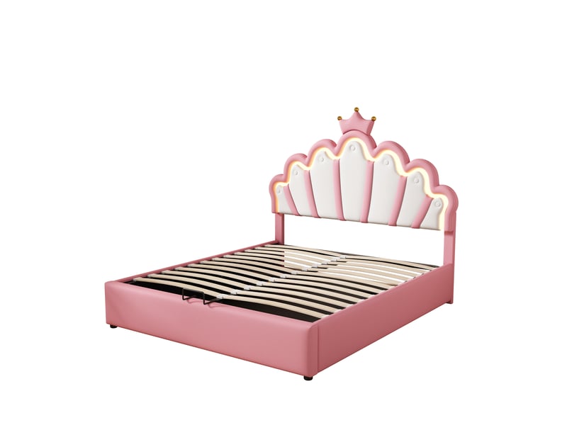  Lit 140x200 cm rose, tête capitonnée, couronne lumineuse et éclairage d'ambiance réglable  - Conforama A