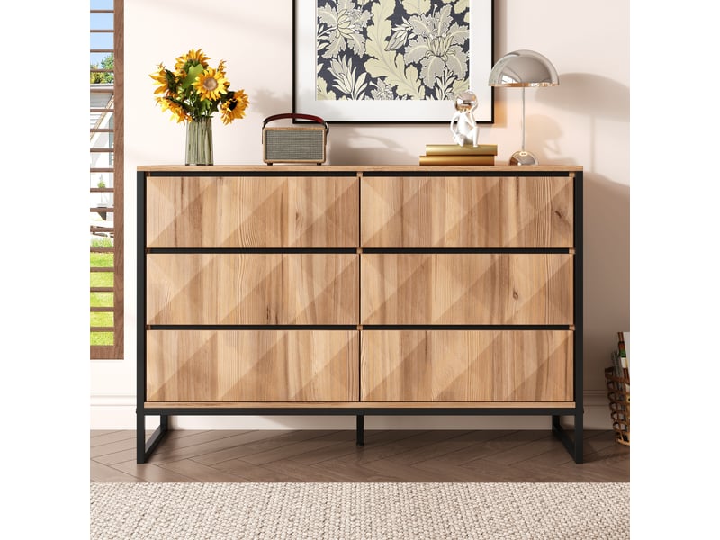  Buffet rangement 6 tiroirs noir bois naturel meuble bas moderne structure métal 120x80cm  - Conforama B