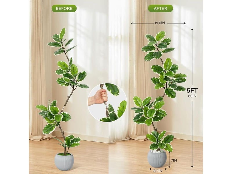  Plante artificielle moderne pour l'intérieur, 150 cm, ficus artificiel avec feuilles blanches et tronc élégant, facile d'entretien et sans eau, idéale pour la maison, le bureau et comme cadeau, pot  - Conforama B