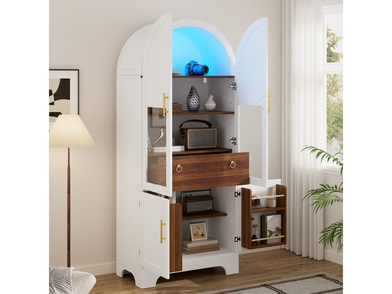  Buffet haut vitrine led arqué 4 portes et tiroir blanc 76 × 40 × 180 cm IKSETERA TRADING LTD - Conforama D