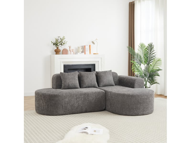  Canapé d'angle 3 places avec méridienne à droite et 3 coussins de dossier en chenille gris anthracite, 222×157×73 cm  - Conforama E