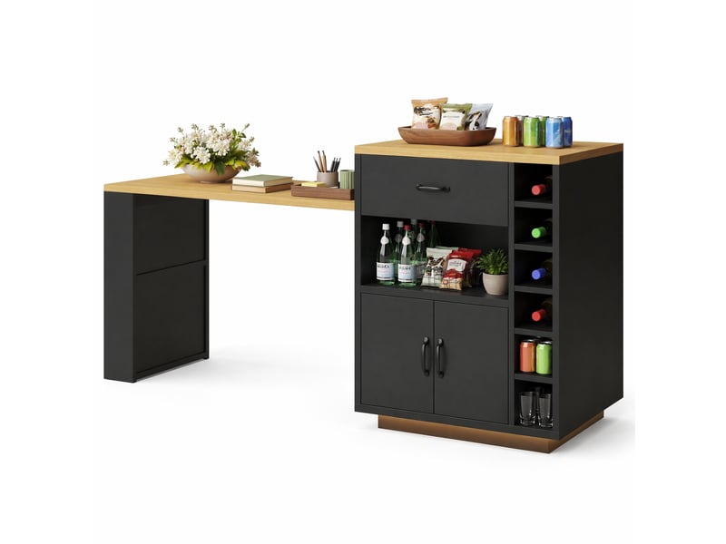  Îlot de cuisine 80 x 70 x 95,5 cm – noir – table extensible, rangements intégrés et bande led  - Conforama A