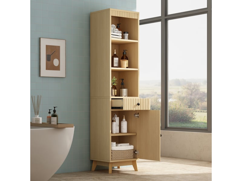  Meuble de salle de bain- 40x36x172cm - meuble haut cannelé avec porte réversible, tiroir &amp; 3 niches - bois naturel  - Conforama D