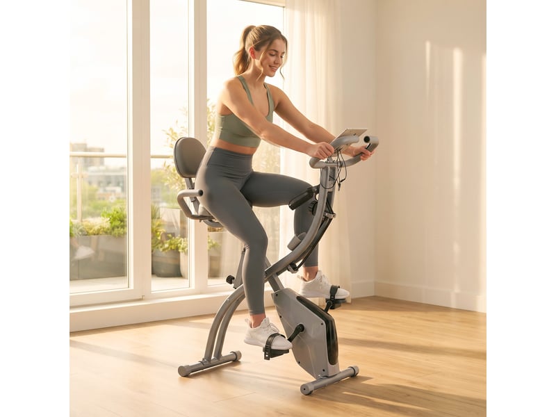  Vélo pliable 2 en 1, 8 résistances, cardio, brassards, écran lcd, volant 2,5 kg, gris.  - Conforama C