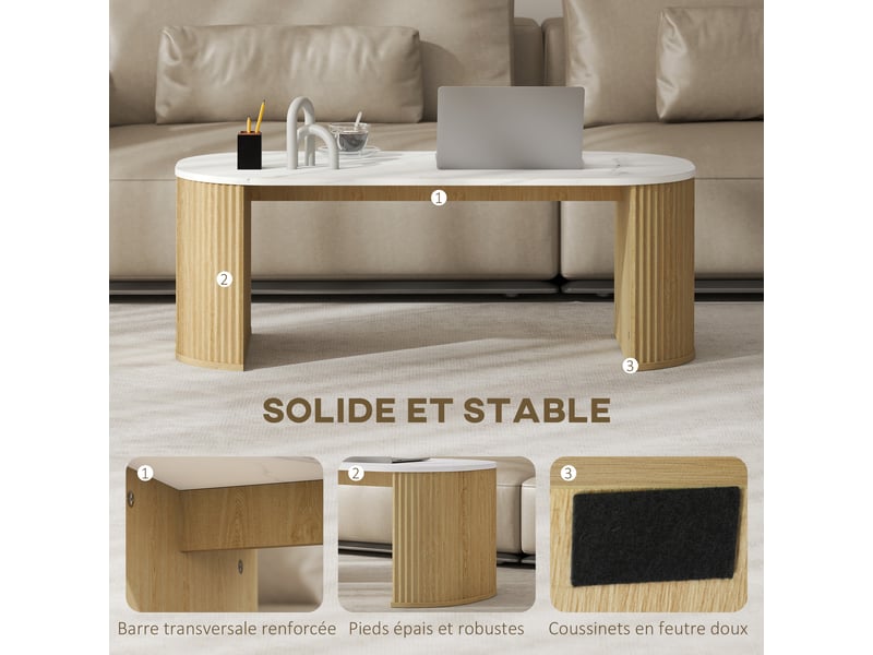  Table basse ovale, table d'appoint aspect effet marbre, coins arrondis pieds épais, blanc, 110 x 50 x 40 cm  - Conforama E
