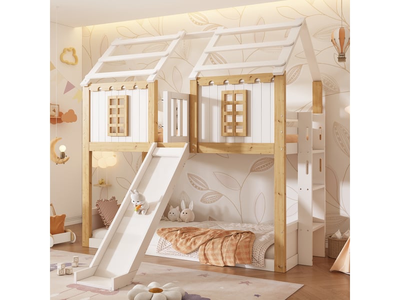  Lit superposé cabane enfant 90 x 200 cm, avec toboggan, échelle flexible, protection antichute 360°, fenêtre, structure en bois, blanc Bliss Lite - Conforama B