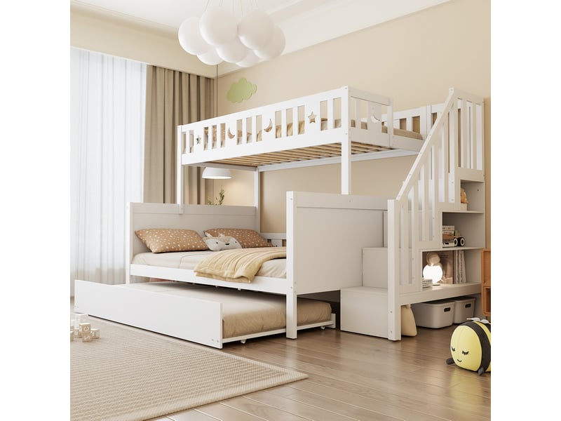  Lit superposé enfant 90x200 cm et 140x200 cm avec escalier de sécurité et lit gigogne mdf bois blanc sans matelas  - Conforama D