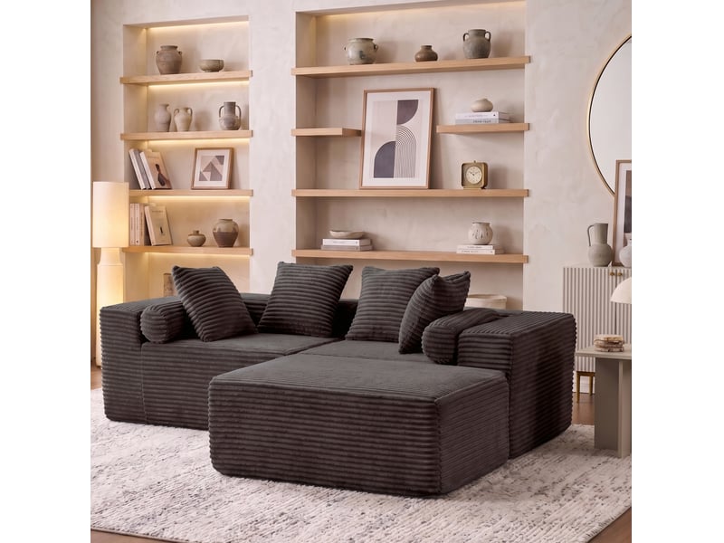 Canapé modulable d'angle 3 places compressé 266x110x60 cm, pour salon, élégant, en mousse douce et velours côtelé, noir - Conforama B