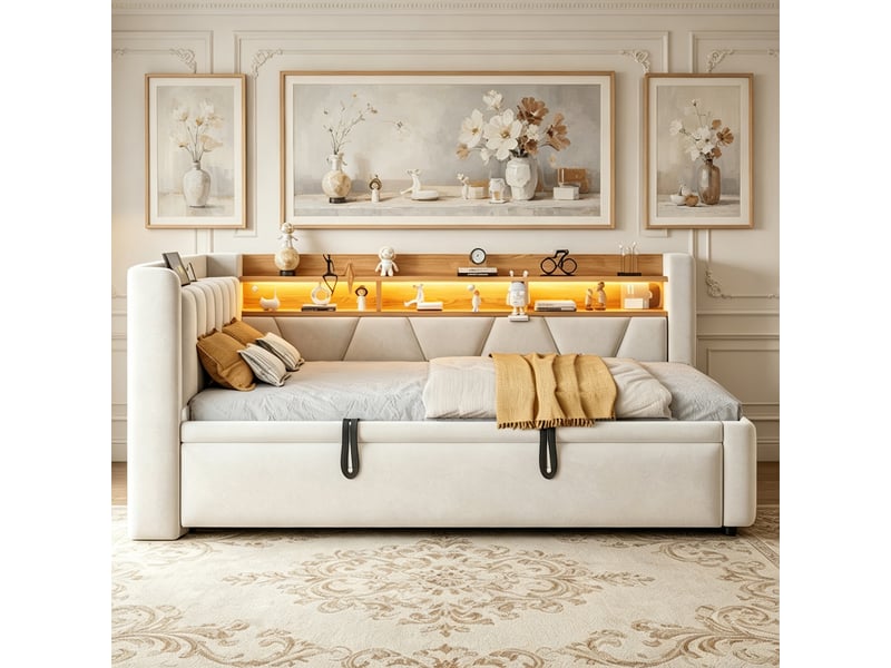  Lit banquette extensible 90 à 180 × 200 cm en velours beige, usb et led IKSETERA TRADING LTD - Conforama E