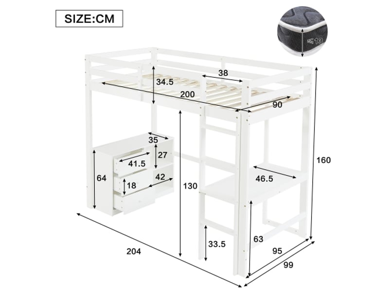  Lit mezzanine 90x200 cm, lit enfant avec bureau, 3 tiroirs, étagère, escalier, en mdf, blanc, sans matelas  - Conforama C