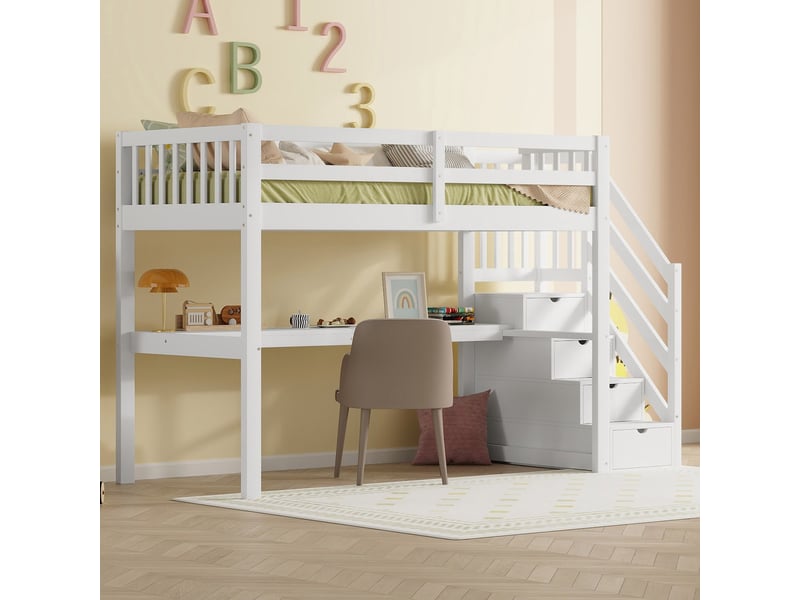  Lit mezzanine enfant 90x200 avec bureau intégré et escalier de rangement, cadre robuste en bois de pin massif, gain de place, blanc  - Conforama R
