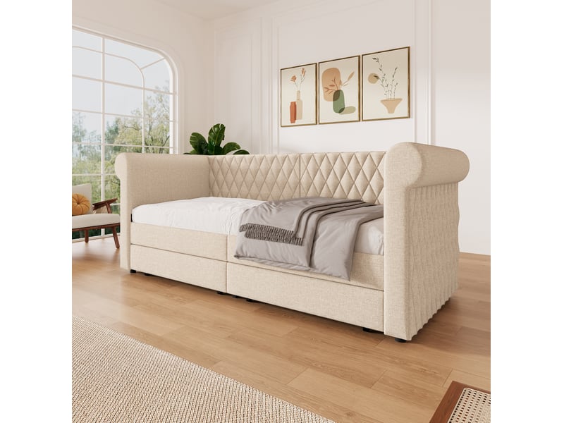  Lit avec rangement tcqpz 90 x 200 cm vintage en lin beige avec 2 tiroirs  - Conforama D