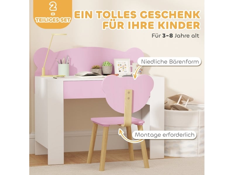  Bureau enfant avec chaise 80 x 41 x 74,5 cm rose en bois, tiroir et dossier ours, pour enfants de 3 à 8 ans  - Conforama B