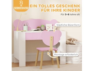 Bureau enfant avec chaise 80 x 41 x 74,5 cm rose en bois, tiroir et dossier ours, pour enfants de 3 à 8 ans