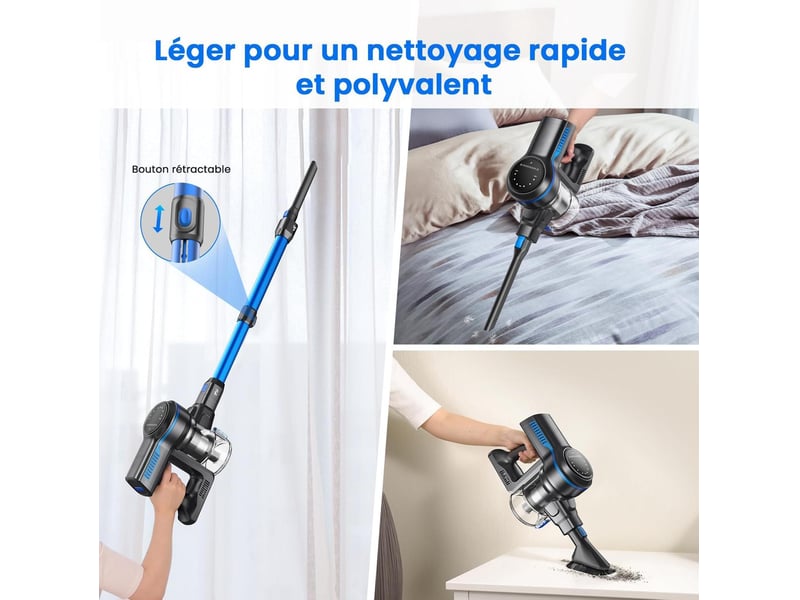  Aspirateur balai sans fil 26 kpa – bleu – moteur 265 w, autonomie 45 min et brosse led souple  - Conforama D