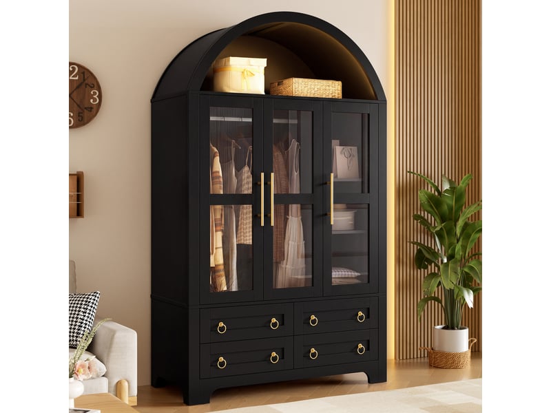  Armoire penderie 110x50x186cm, 3 portes vitrées, 4 tiroirs, tringle à vêtements, étagères, led pilotable par application, noir  - Conforama B