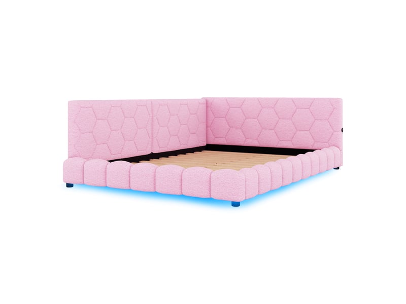  Lit jeune 140x200 cm forme l avec led et usb, velours, rose, sans matelas  - Conforama E
