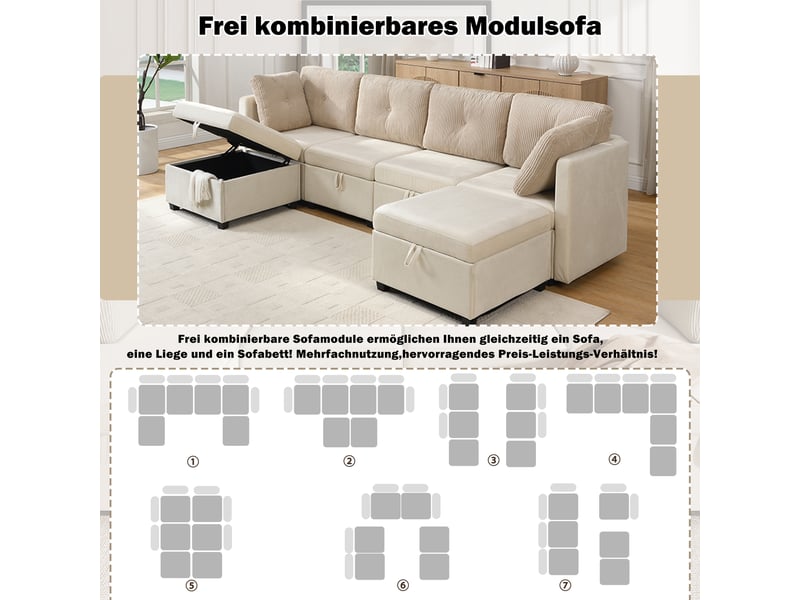  Canapé-lit, 261 × 132,5 × 85 cm, beige, velours côtelé, forme l, forme u, 6 modules, modules reconfigurables, ottoman mobile  - Conforama E