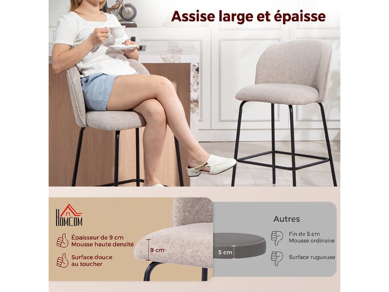  Lot de 2 tabourets de bar, chaises de bar, repose-pieds et dossier, hauteur d'assise 68cm, tissu effet lin, gris clair  - Conforama A