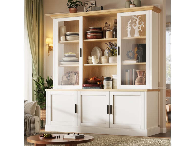  Buffet haut de cuisine 140x40x185 cm, vaisselier à portes vitrées, étagères réglables, placard inférieur, anti-basculement, blanc et effet chêne clair  - Conforama C
