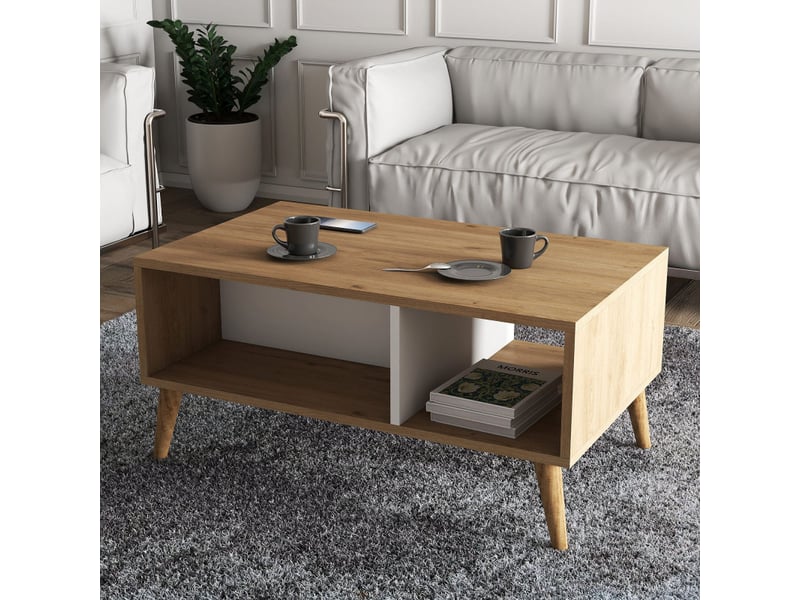  Table basse avec rangement décor chêne et blanc l 90 cm, 2 niveaux, pieds en bois  - Conforama B