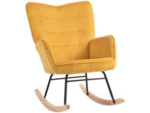 Fauteuil à bascule vintage, patins incurvés, rembourrage épais, bois de hêtre et acier, jaune