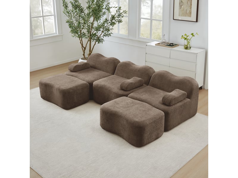 Canapé d'angle modulable en u sans armature avec assise profonde et pouf, en velours brun - Conforama C