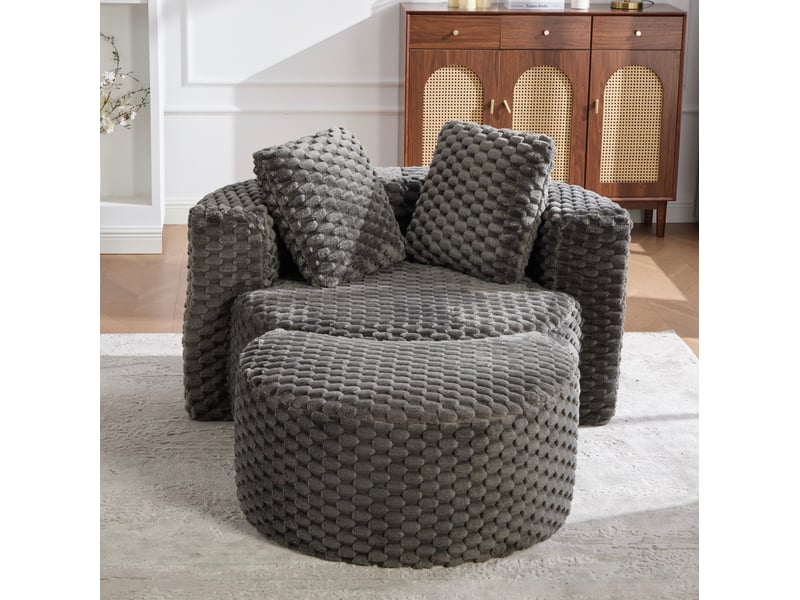  Fauteuil avec pouf en tissu, assise confortable et structure stable, sans montage, gris foncé  - Conforama B