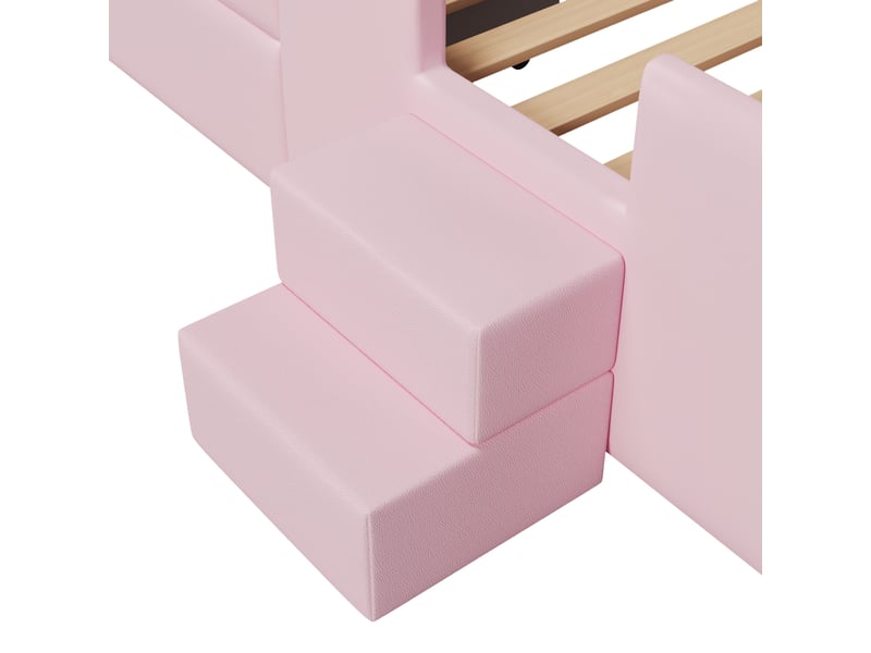  Lit enfant rembourré 90 × 200 cm, marches, tiroirs, led et usb, rose  - Conforama E