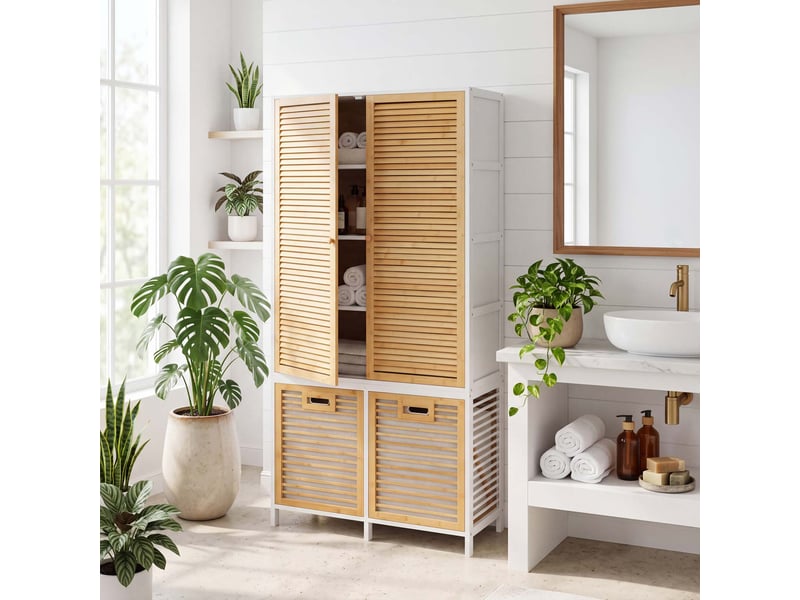  Armoire de salle de bains en bambou hwc-n83, étagère de salle de bains, 2 paniers à linge, portes mvg 168 x 82 x 34 cm - blanc naturel, panier naturel  - Conforama B