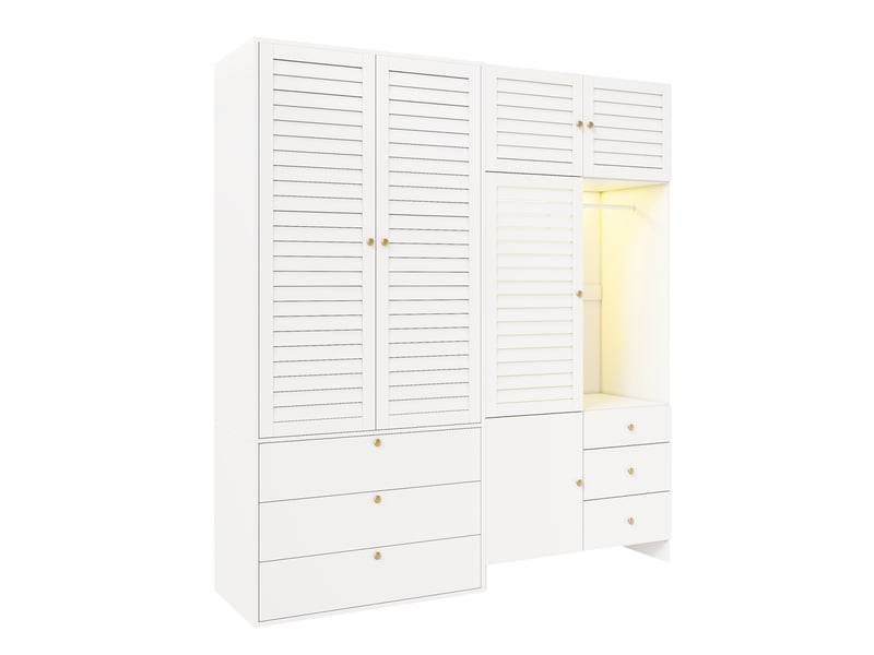  Armoire 5 portes avec led, panier à linge et 6 tiroirs 180x50x200 cm blanche  - Conforama D